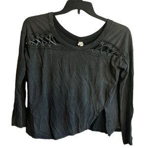We the Free Gray Lace Up Detail Long Sleeve Linen Goth Grunge Casual Top Sz M